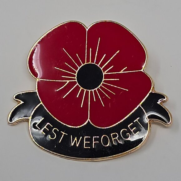 Lest We Forget Red Enamel Poppy Brooch Lapel Pin Gold Tone Floral Remembrance - Picture 3 of 8